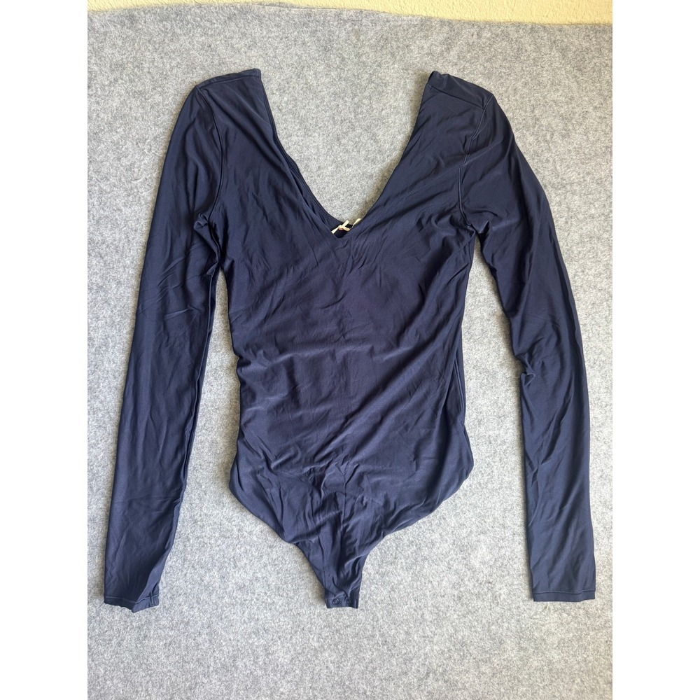 Aerie Smoothez Bodysuit M Navy Blue Long Sleeve Plunge V-Neck Thong NWT 4338-410